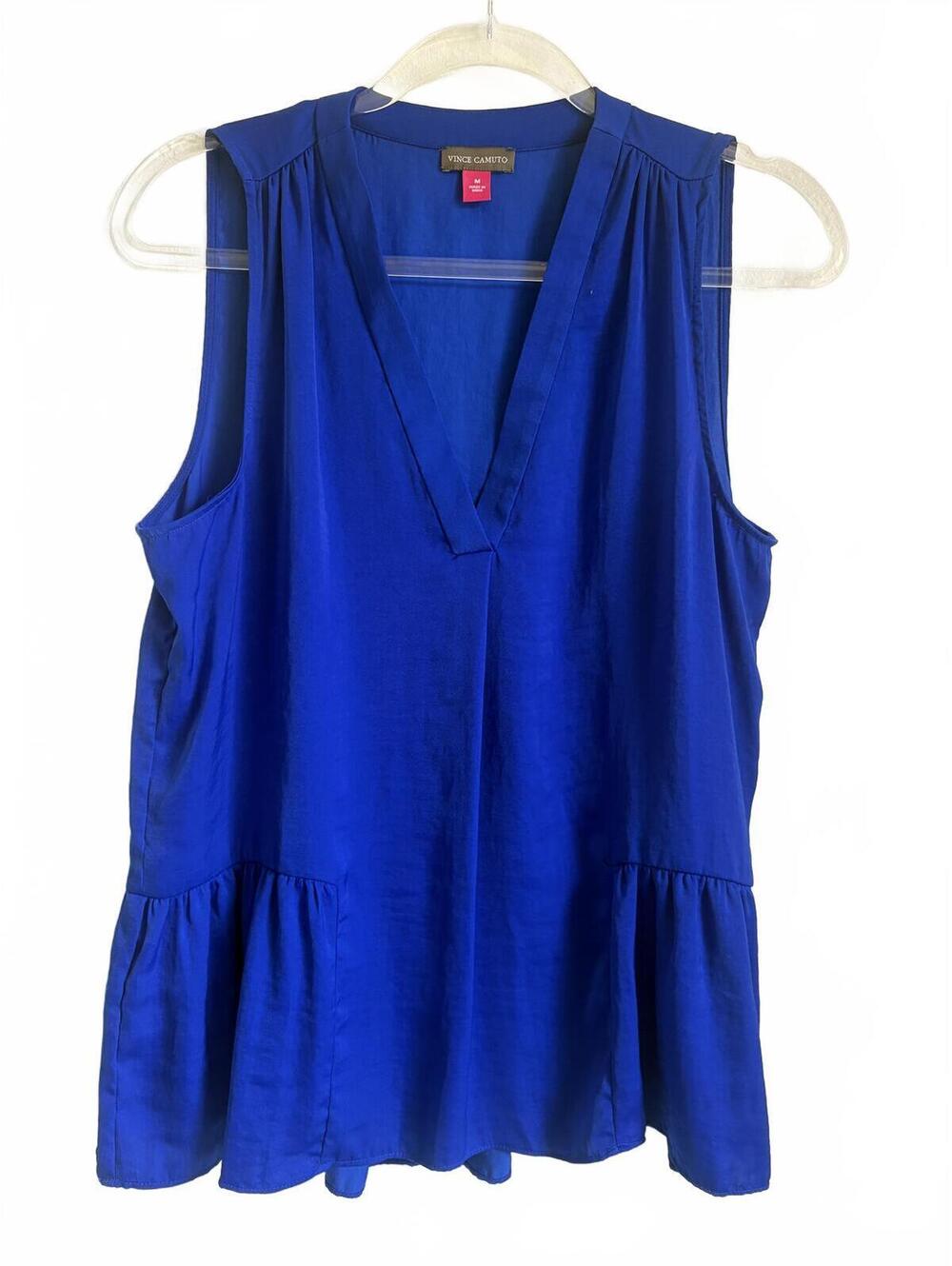 Vince Camuto | Bright Blue Sleeveless Blouse V Neck Shoulder Pleats Thin Size M